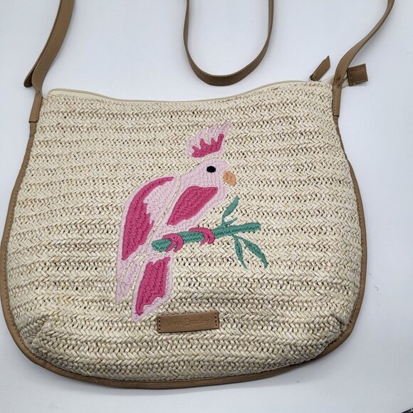 VERA BRADLEY Straw Neutral Crossbody Shoulder Purse Bag Pink Parrot Bird - Picture 3 of 9